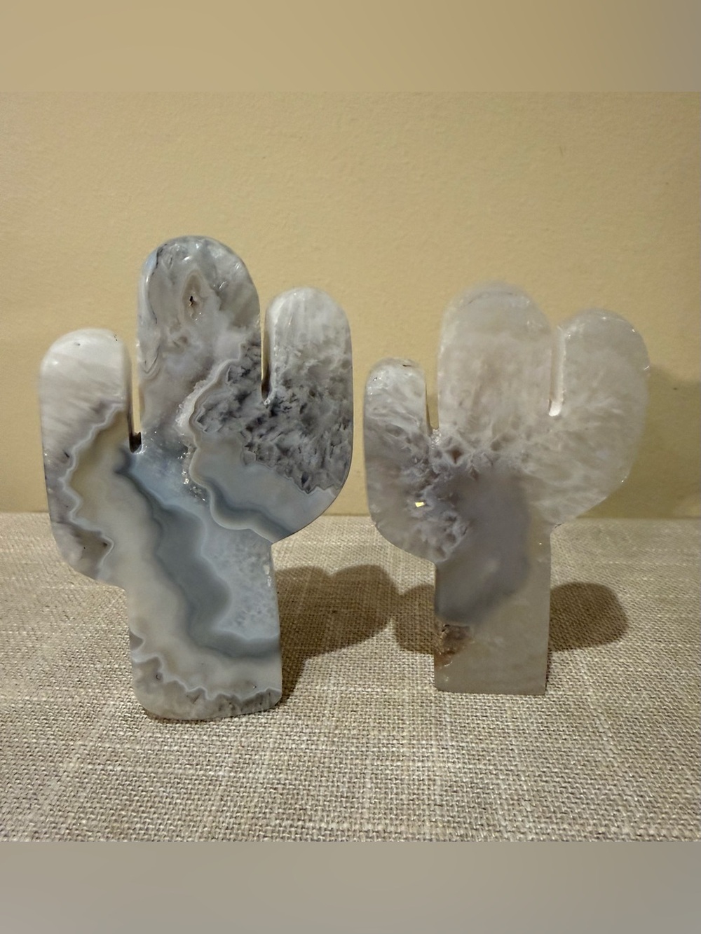 VTG Carved Agate Cactus Figurines Set of 2 Banded Geode Druzy Saguaro Sculptures